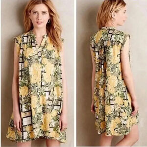 Porridge Size Small Tunic Dress Green Yellow Floral Button Front Split Neck